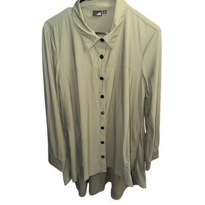 Lisa Bayne Olive Green Snap Front Long Sleeve High Low Tunic Shirt Large